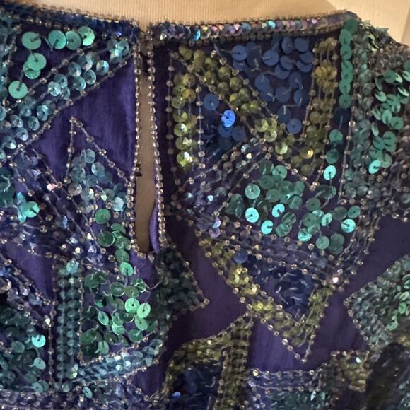 Jakelin Designs Beaded Sequin Top Large Silk Lined Geo Vintage 80s Glam Blue - Picture 7 of 14